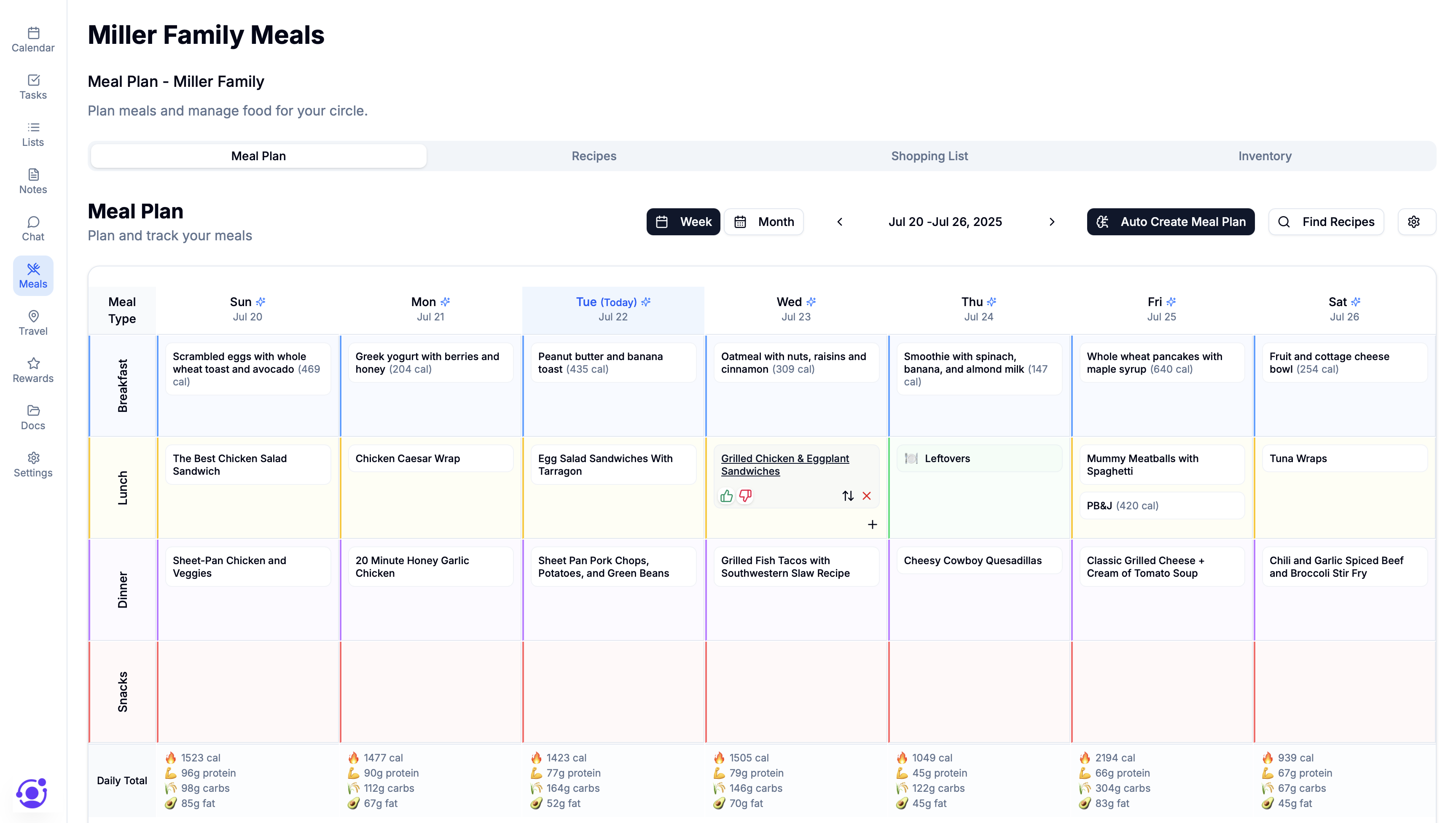 Shared meal plan and grocery list for the week